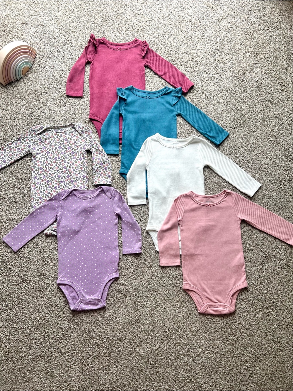 6-piece Long-Sleeve Infant Bodysuit Set in Pink, Purple, Teal, White & Floral